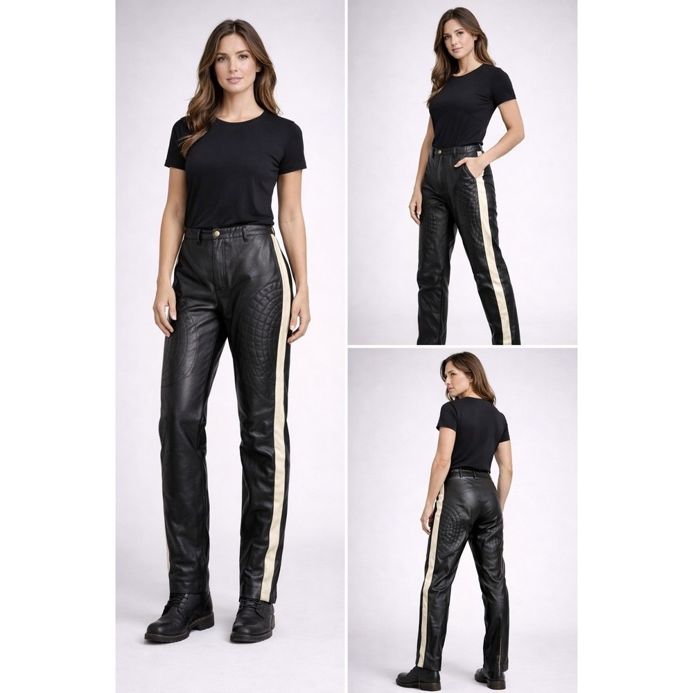 Vintage Tauber Black Leather Moto Pants Size 12 White Stripe Quilted Knee Biker